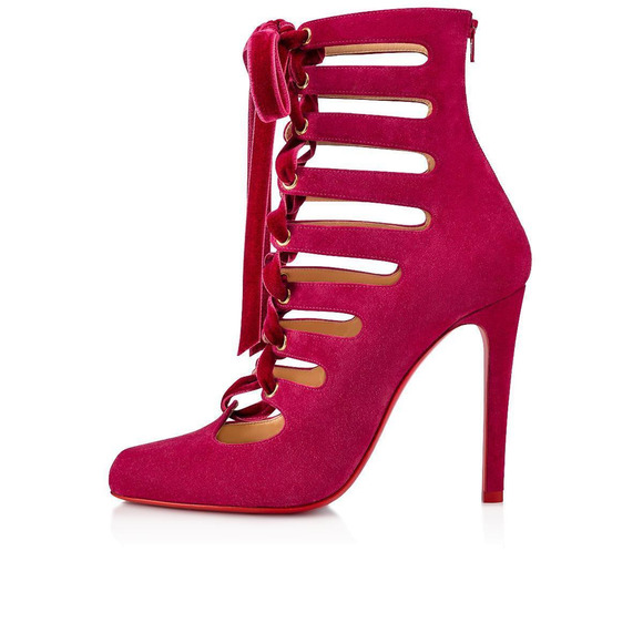 Christian Louboutin Spinetita 100 Loulou Pink Lace Up Sandal Heel Bootie 37.5 - Picture 3 of 12